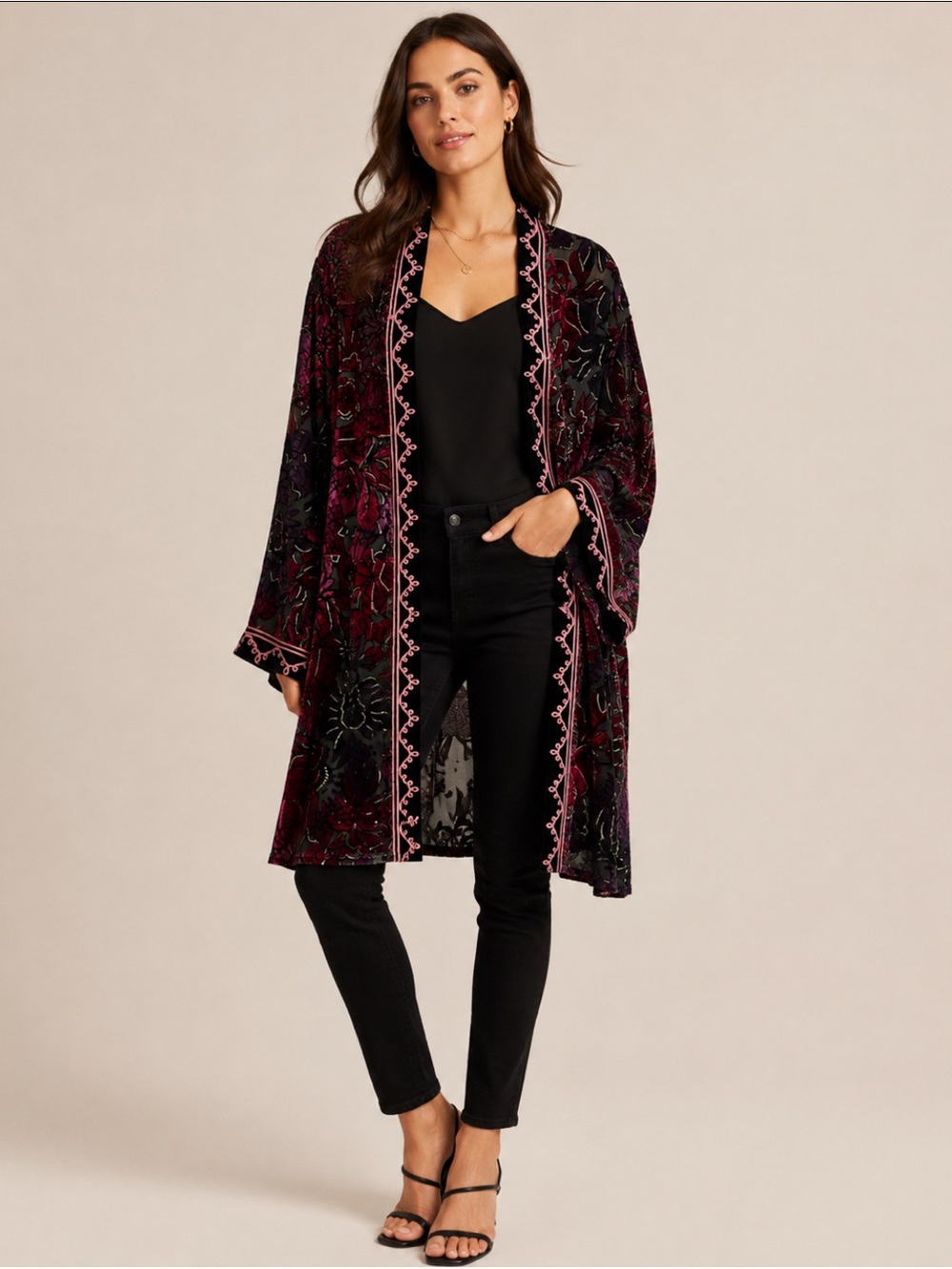 Ruby Rd. Velvet Burnout Floral Kimono in Burgundy, Purple, Black